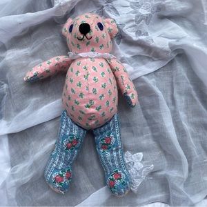 Handmade floral fabric teddy bear with lace collar